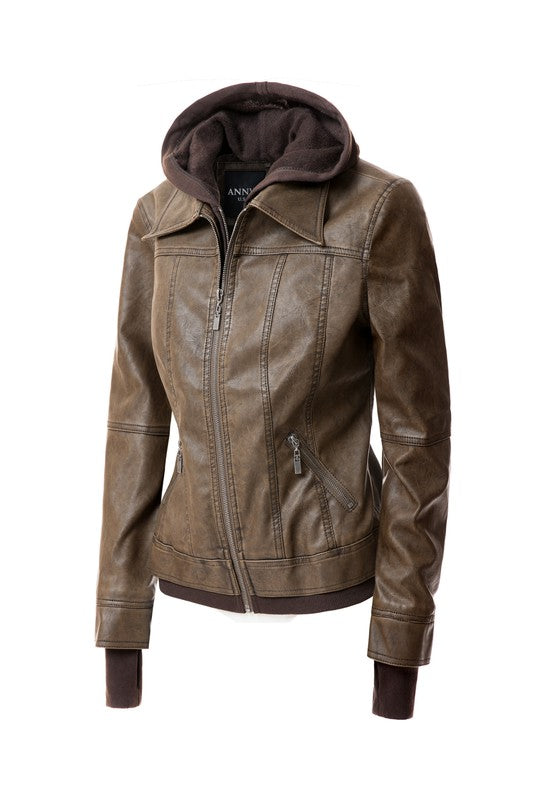 Women's Hood PU Leather Jacket THRIXINE