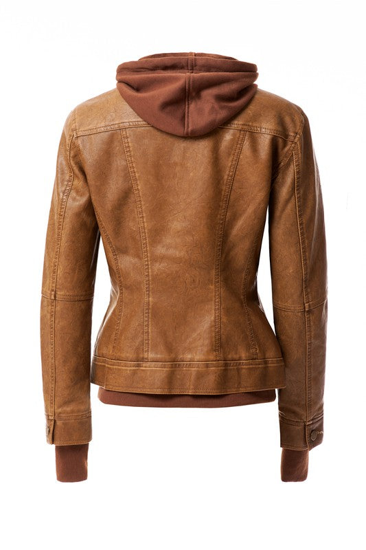Women's Hood PU Leather Jacket THRIXINE