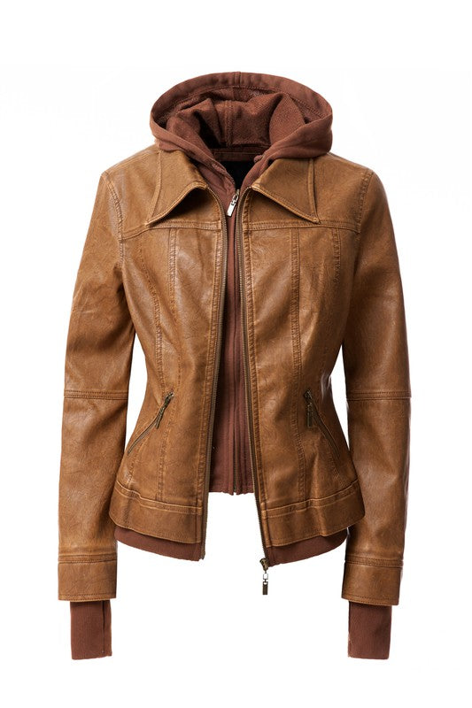 Women's Hood PU Leather Jacket THRIXINE