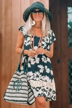 Dark Green Floral Print Ruffle Sleeve Empire Waist Mini Dress