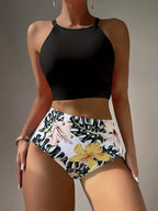 Island Bloom High Waist Bikini Set for Summer – Colorblock Tropical Print Two-Piece Swimsuit with Round Neckline Ultra-Stretch Fit & Applique Detail – Stylish and Comfortable Women’s Swimwear for Pool Beach & Summer Escapes Stevvex