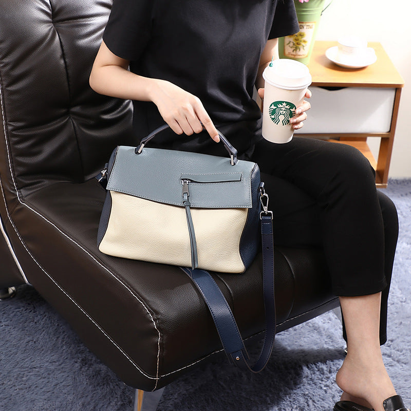 Genuine leather bag for female bag shoulder bag large capacity with contrast color pattern tote - SJB-DIAMOND ELITES