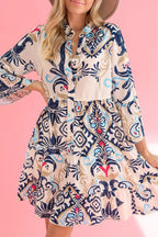 White Ethnic Print Boho Button Tiered Mini Dress