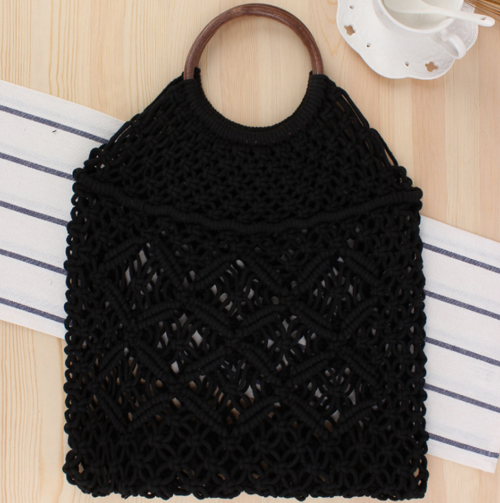 Popula Cotton Rope Hollow Straw Bag Sheer Macrame Tote wooden ring rattan handle Net Bag Vintage Retro Chic handbag Pi-Mart