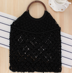 Popula Cotton Rope Hollow Straw Bag Sheer Macrame Tote wooden ring rattan handle Net Bag Vintage Retro Chic handbag Pi-Mart