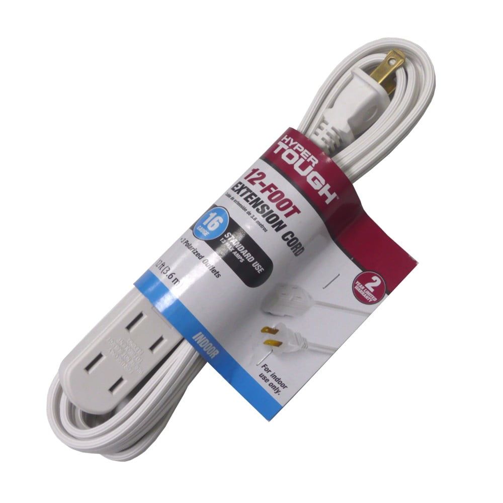 Hyper Tough 12FT 16AWG 2 Prong White Indoor Household Extension Cord, 13 amps