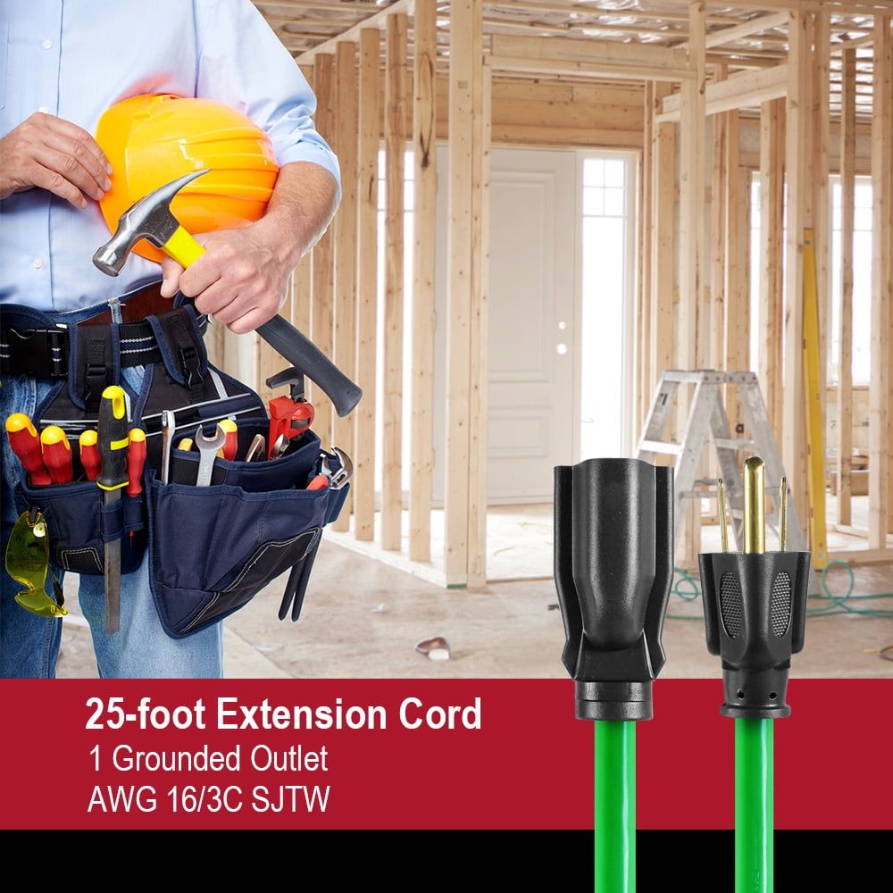 Hyper Tough 25FT 16AWG 3 Prong Hi-Vis Green Single Outlet Outdoor Extension Cord, 13 amps