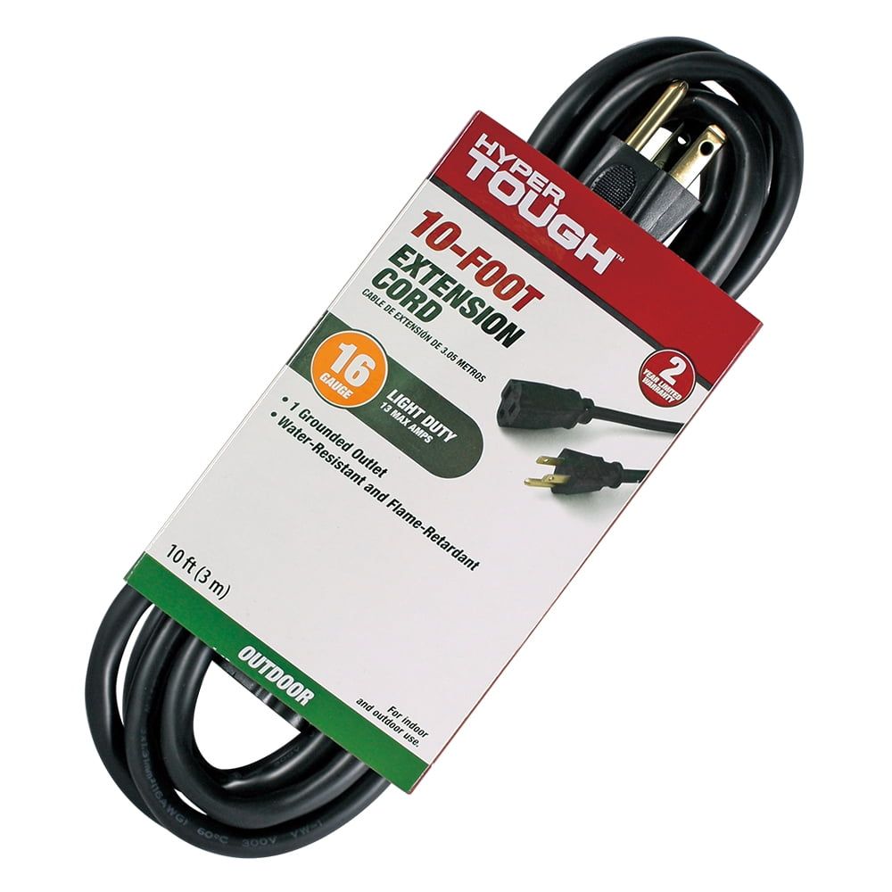 Hyper Tough 10FT 16AWG 3 Prong Black Outdoor Single Outlet Extension Cord
