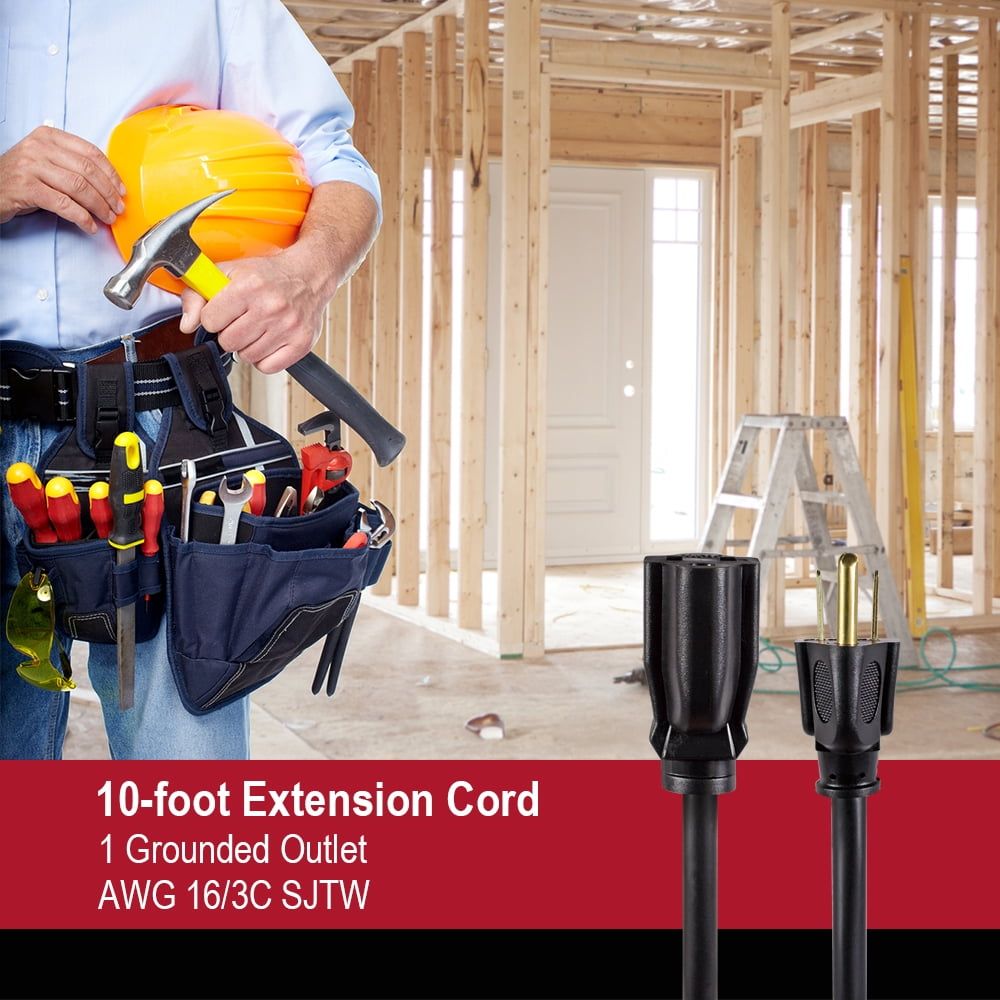 Hyper Tough 10FT 16AWG 3 Prong Black Outdoor Single Outlet Extension Cord