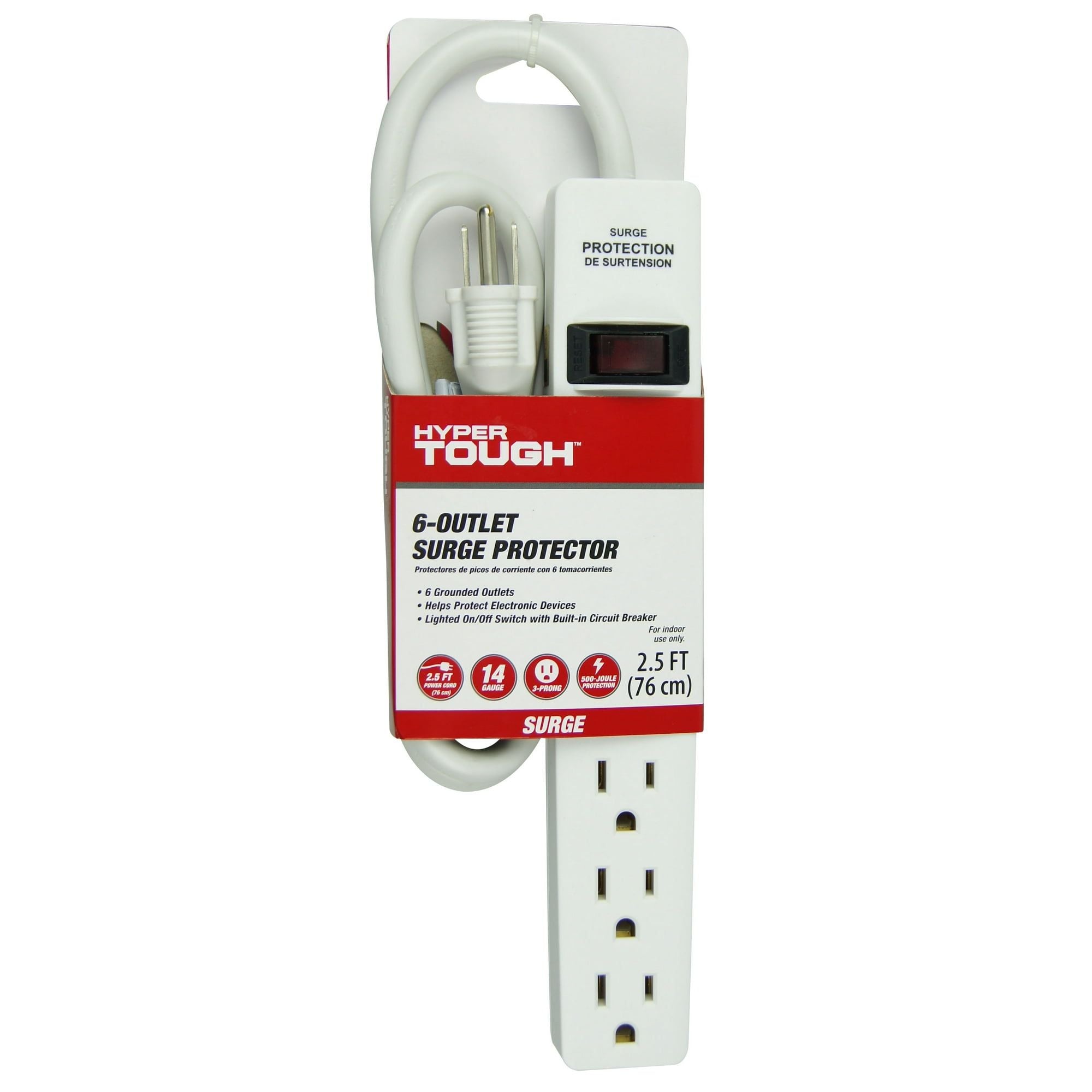 Hyper Tough 6-Outlet Surge Strip with 2.5 ft Cords 500-Joule Protection, White