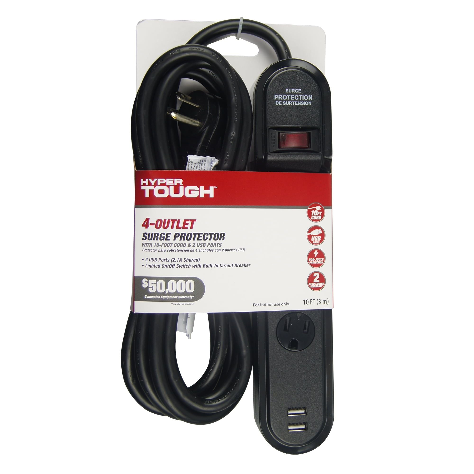 Hyper Tough 4-Outlet 10ft Surge 900-Joule Protection with 2 USB, Black