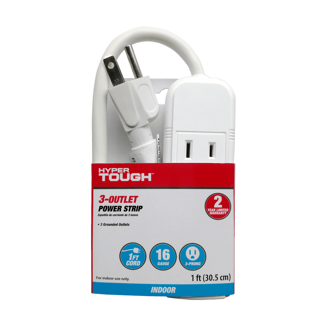 Hyper Tough 3 Outlets Power Strip with 6 Awg 1Ft. Cord, White Color, 125V, 13A