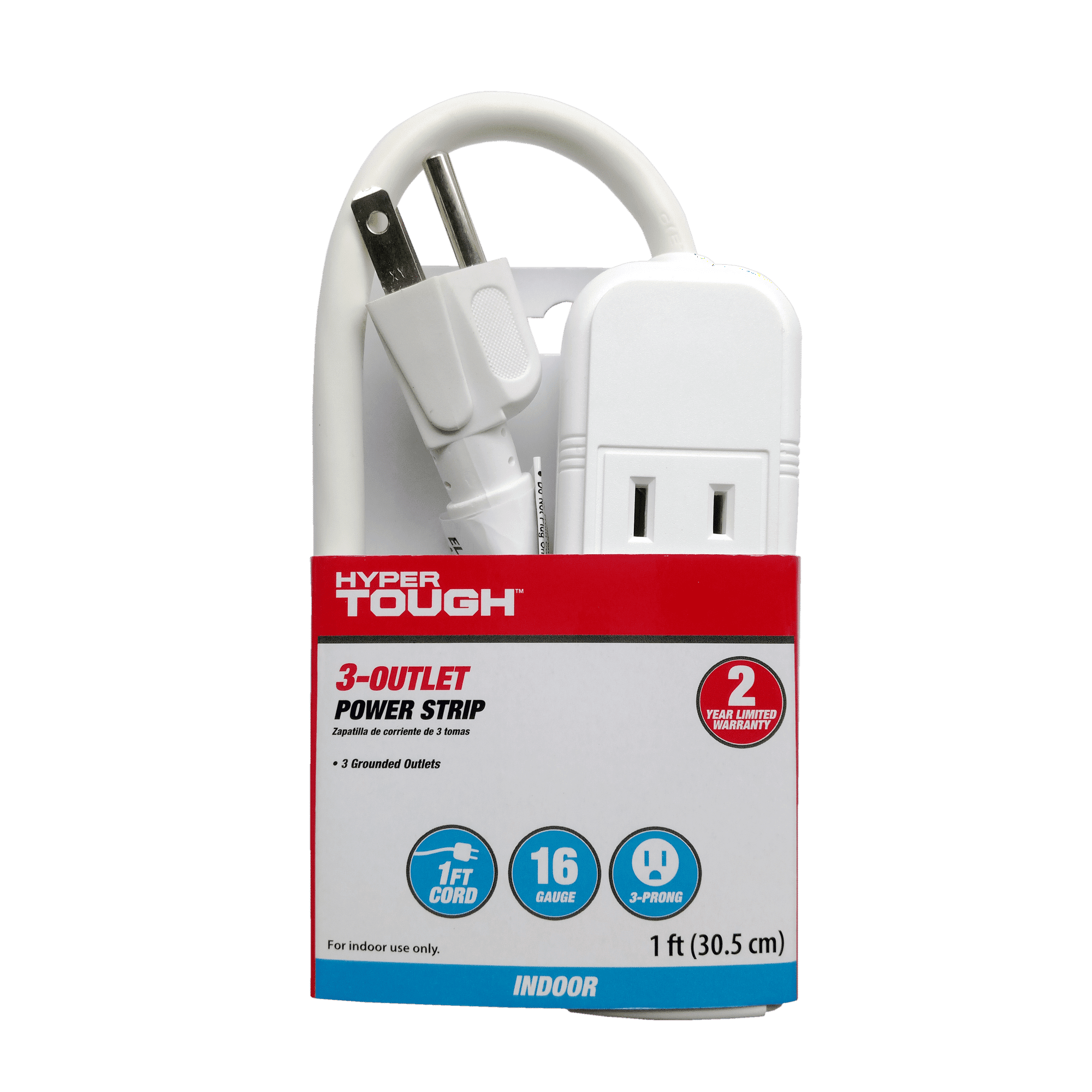 Hyper Tough 3 Outlets Power Strip with 6 Awg 1Ft. Cord, White Color, 125V, 13A