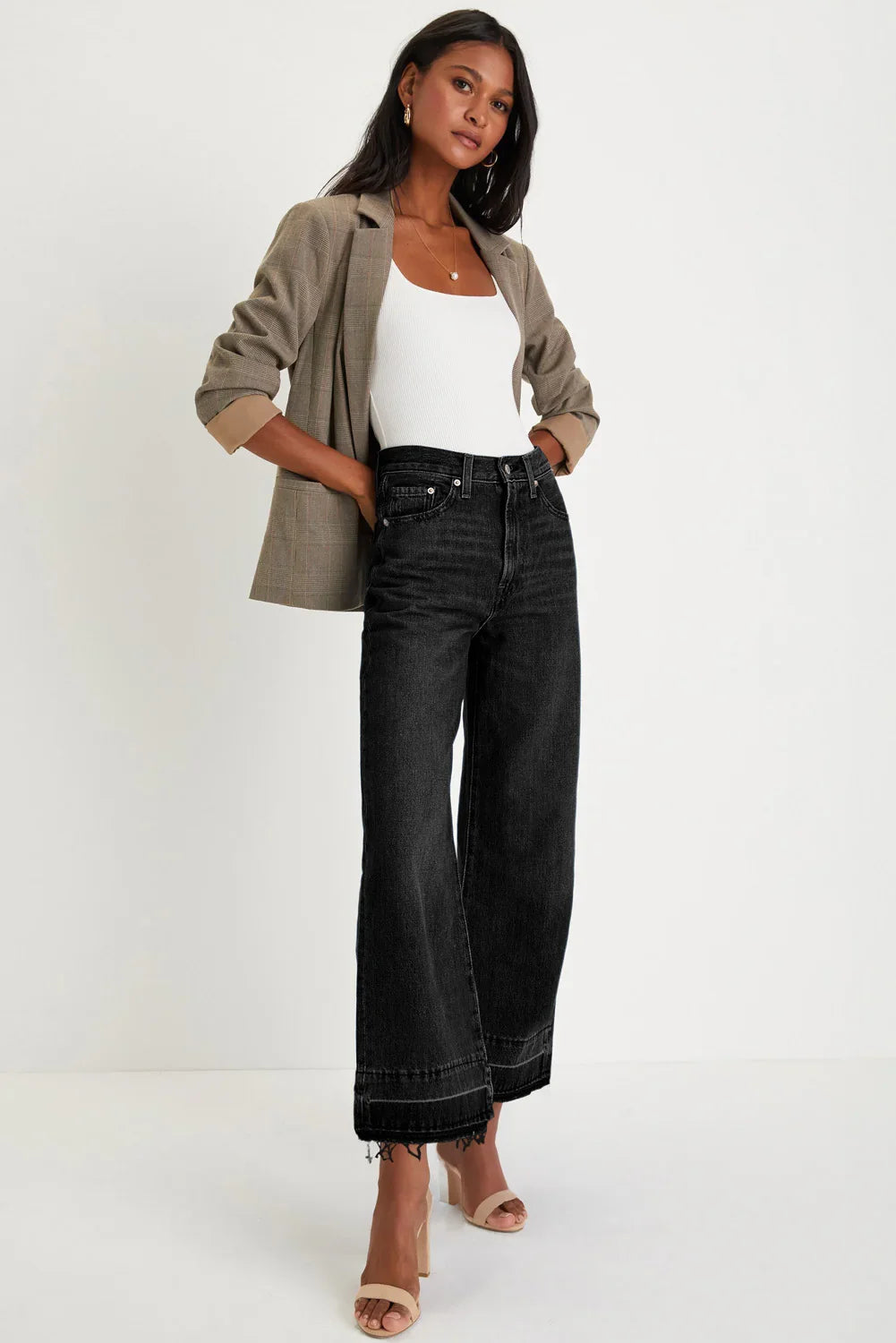 Black Raw Hem Straight Leg Loose High Waist Jeans