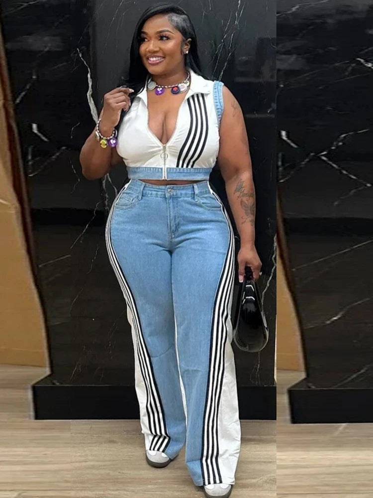 2 Pieces Women's Sets 2025 Spring Summer Denim Sleeveless Suit Tops And Wide Leg Pants Suits Two Piece Set Tracksuit Outfit Purplish Diva