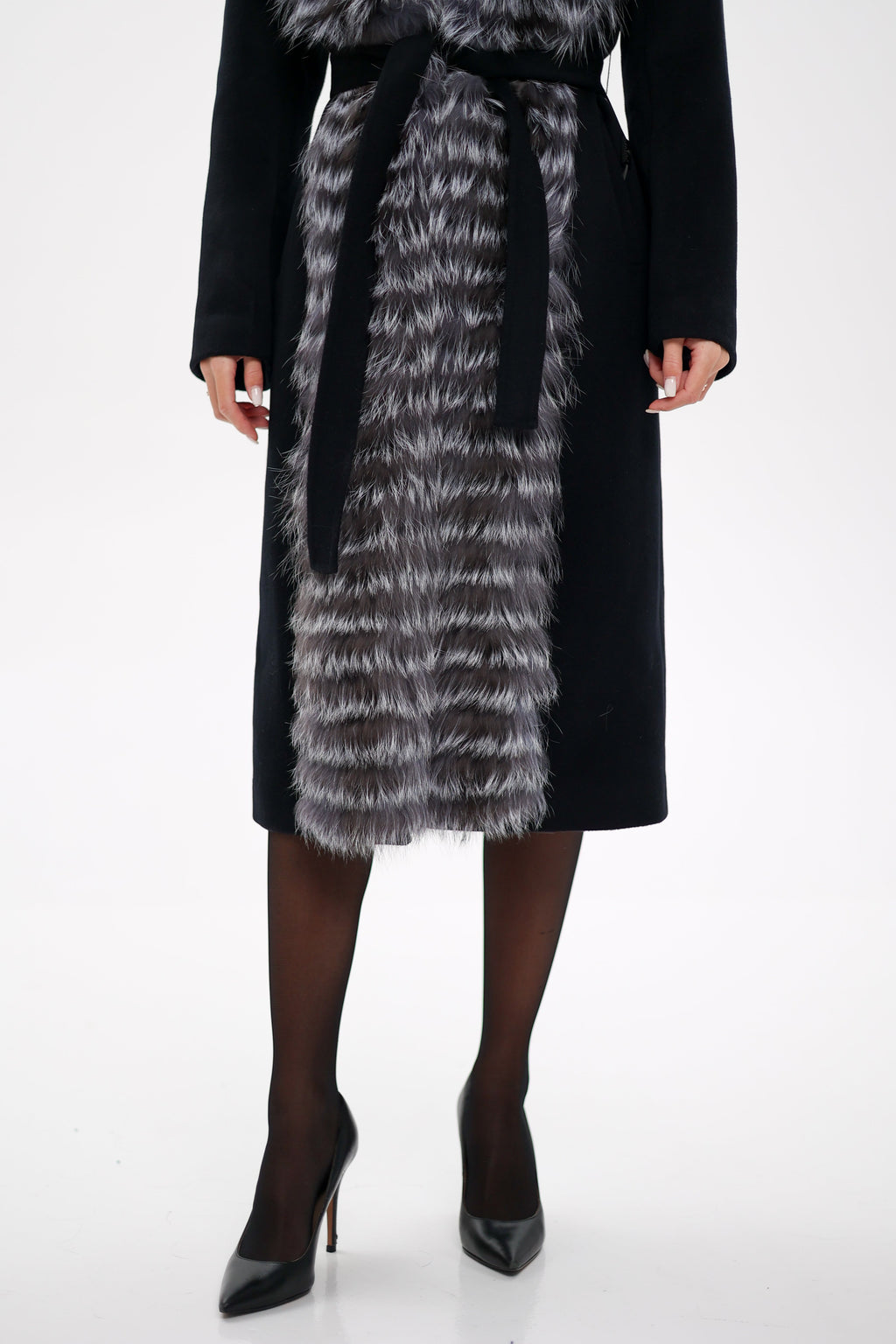 Genuine Silver Fox Virgin Wool Wrap Coat in Black - SJB-DIAMOND ELITES