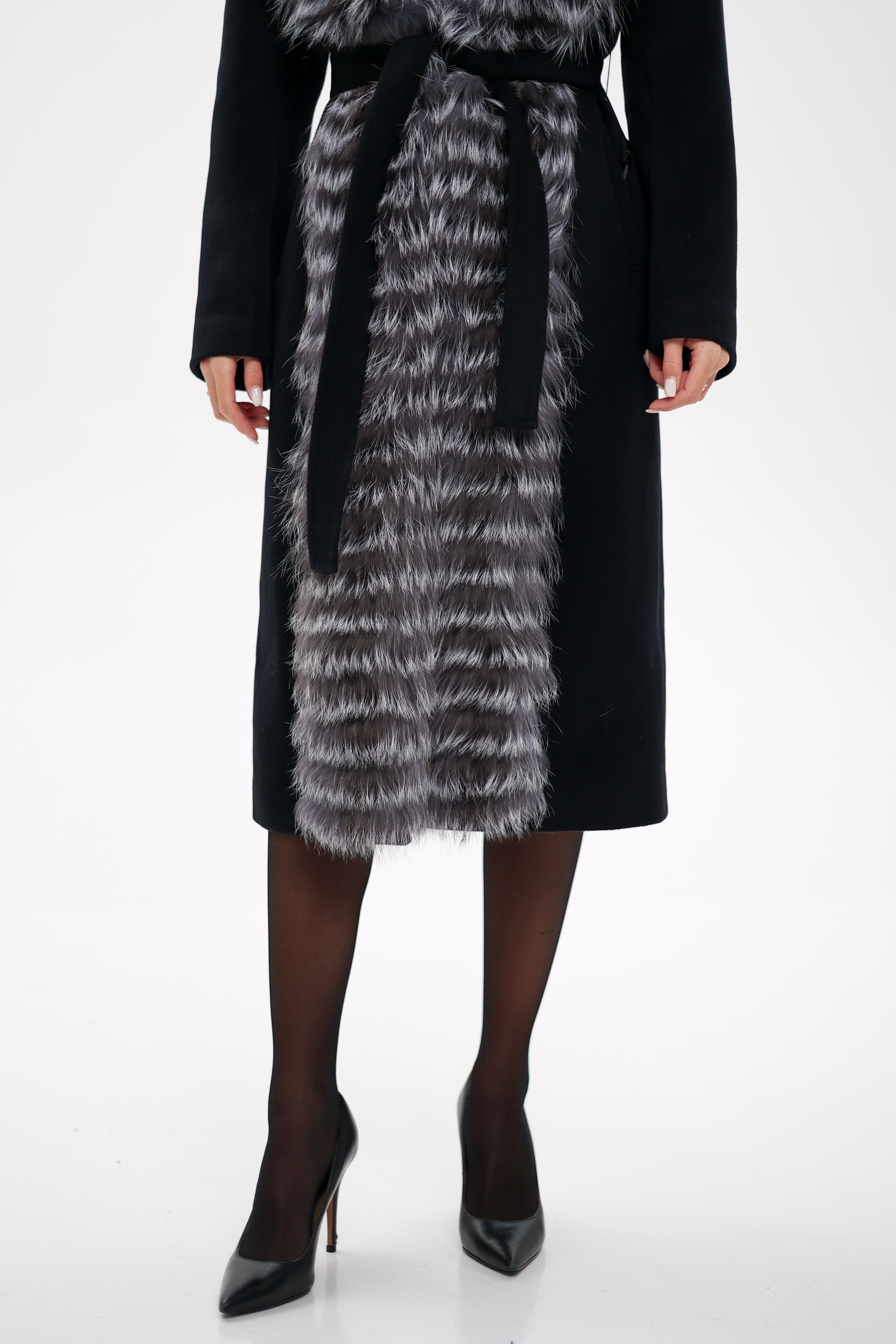 Genuine Silver Fox Virgin Wool Wrap Coat in Black - SJB-DIAMOND ELITES