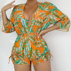 Island Bloom 3-Piece Bikini Set for Women – Tropical Leaf Print Fluttering Swimwear with Flattering Halter Neck Top High Waist Bottoms & Adjustable Drawstring Cover Up – Perfect for Koningsdag Celebrations & Summer Adventures