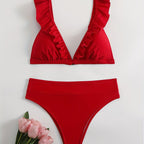 New Elegance Curve V-Neck Bikini Set – Sleek Solid Color High Waist Swimsuit with High-Cut Leg and Delicate Lettuce Trim – Stretch Comfort and Easy-Care Two-Piece Swimwear for Women’s Poolside Style Stevvex