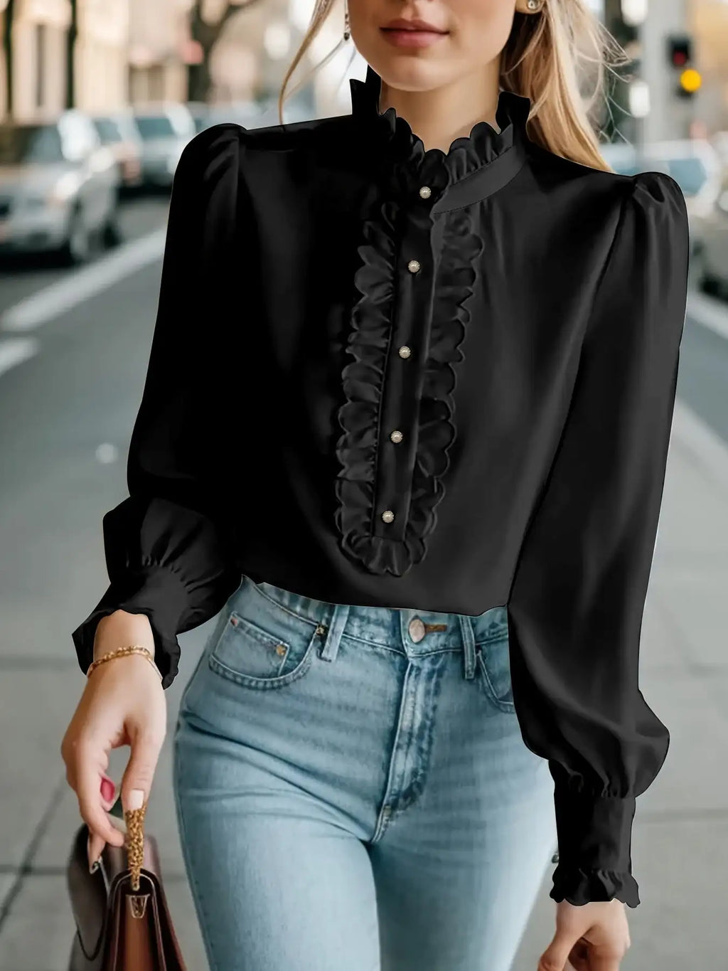 Fashionable Stand-up Collar Long-sleeved Shirt With Lotus Leaf Hem - SJB-DIAMOND ELITES