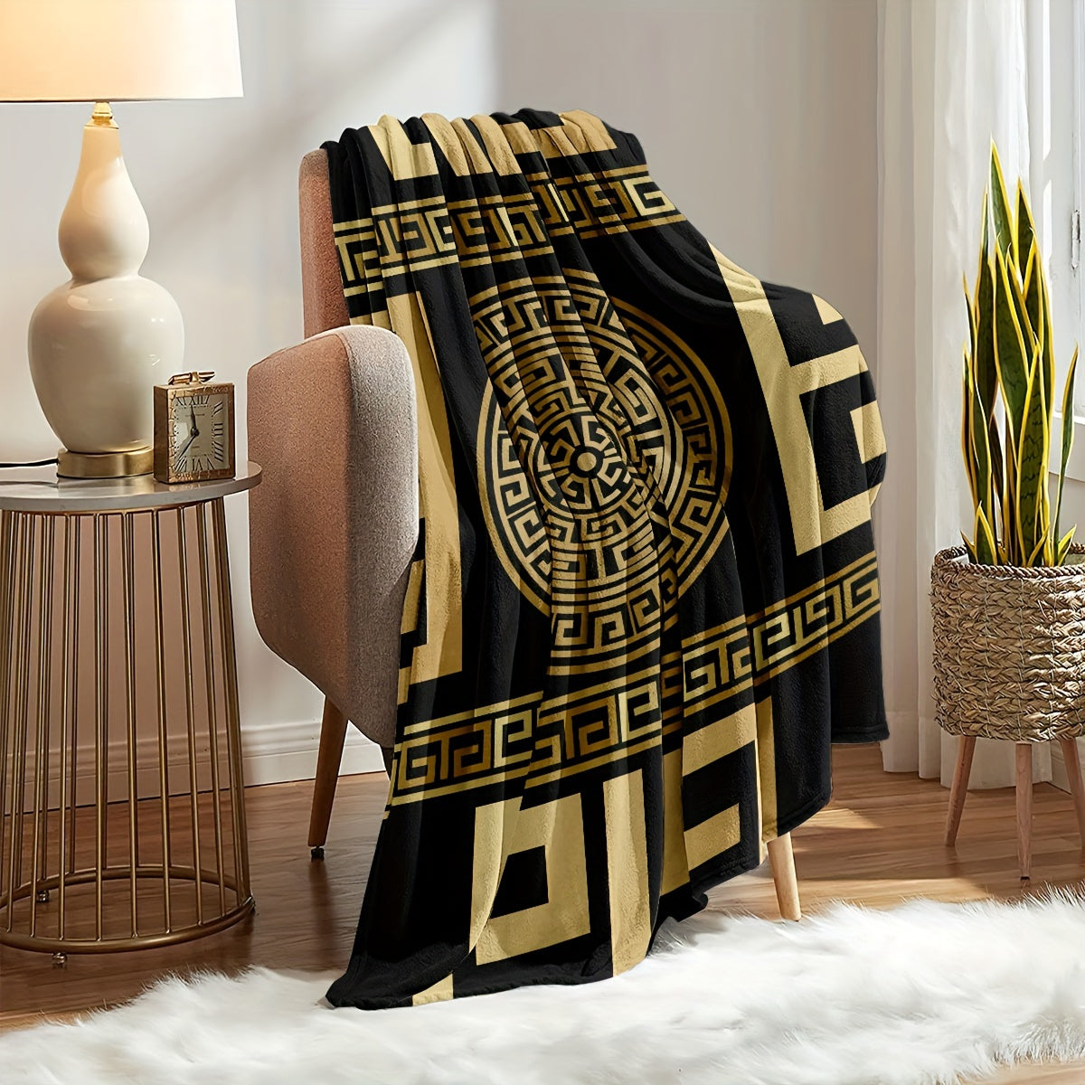 Glam Style Digital Print Flannel Throw Blanket – Hypoallergenic Woven Polyester Cover, All Seasons Multipurpose Bedding with Greek Key Design – No Embellishment, 200-250g Square Weight Lootquake LLC