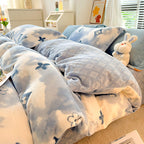 Nordic Striped Coral Fleece Duvet Cover Flannel Sheet Cover Three-piece Set Pi-Mart