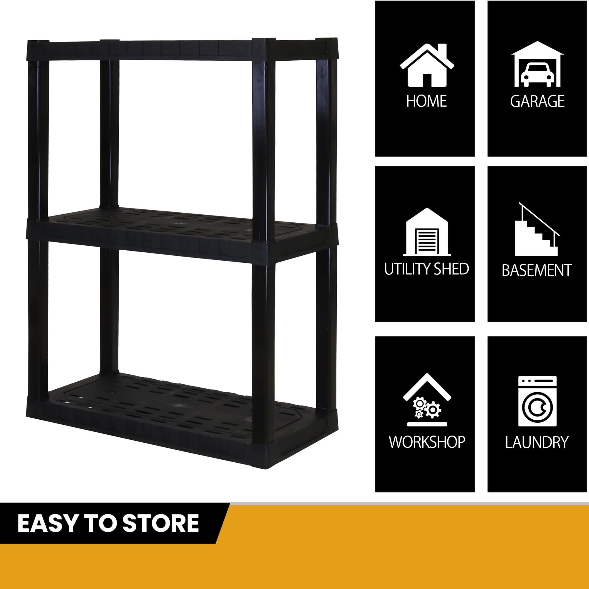 Hyper Tough 3-Tier Plastic Shelves, W30 x D14 x H39" Multipurpose Garage Shelf Organizer, Black EasyOptionXY LLC