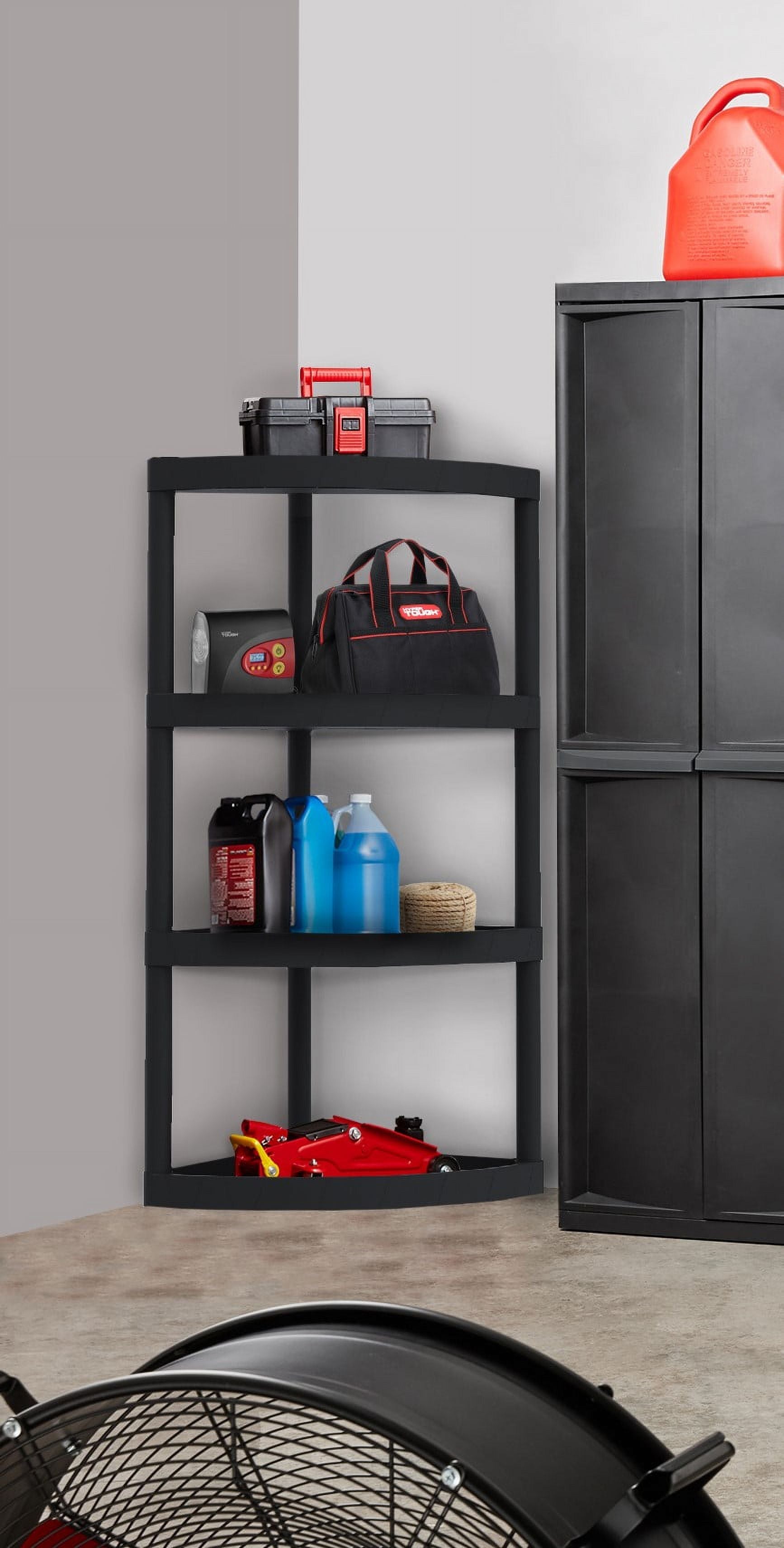 Hyper Tough 4 Tier Plastic Storage Corner Shelf, 20 lb per Shelf Capacity, Black