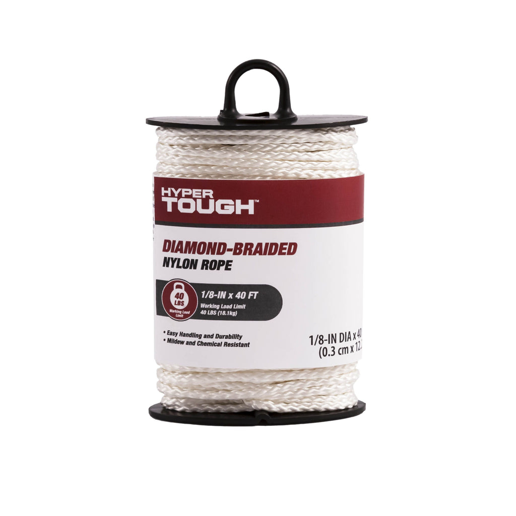 Hyper Tough Item NML40-HT, Nylon Blend Diamond Braid Rope, White, 1/8" x 40', 1 Each