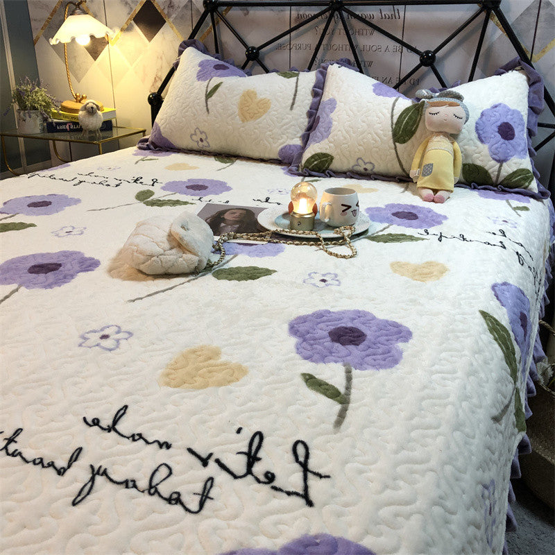 Warm Sunflower Milk Pile Bed Cover Three Piece Set Pi-Mart