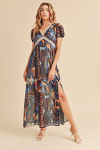 Lace Detail Slit Geometric Print Short Sleeve Comfortable Maxi Dress For Women, Elegant Lace, Alluring Slit, Sophisticated Geometric Print for Casual & Dressy Occasions