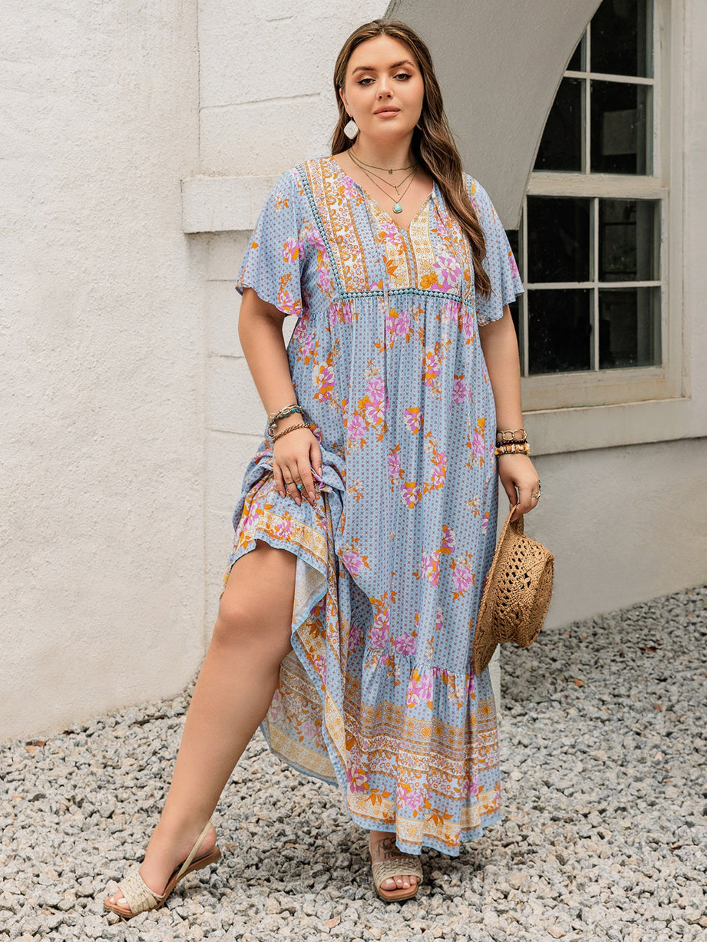 Pink Purple Plus Size Printed Flutter Sleeve Maxi Dress Elegant & Flowy Dress Unique Design Stevvex
