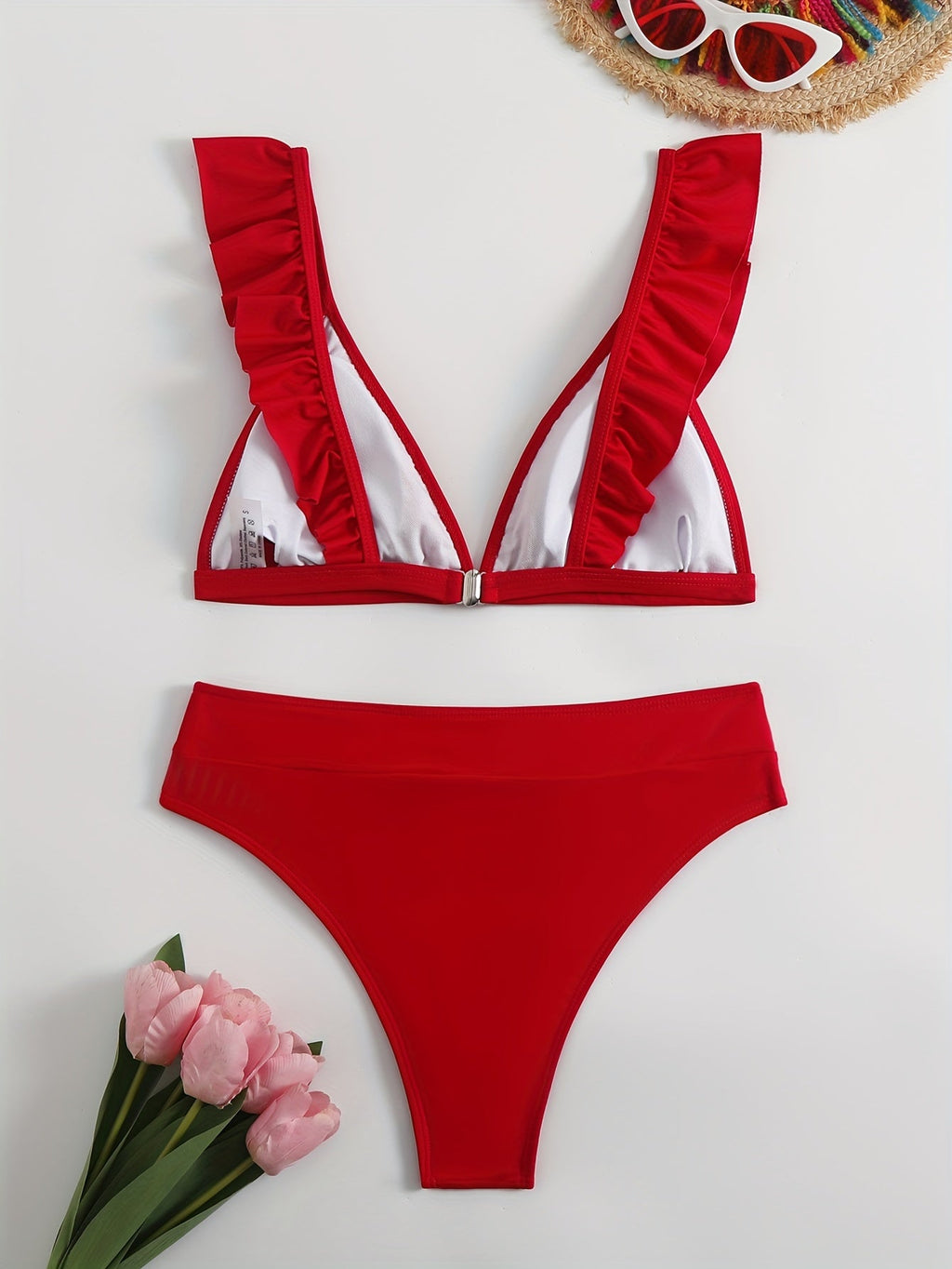 New Elegance Curve V-Neck Bikini Set – Sleek Solid Color High Waist Swimsuit with High-Cut Leg and Delicate Lettuce Trim – Stretch Comfort and Easy-Care Two-Piece Swimwear for Women’s Poolside Style Stevvex