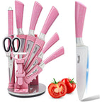 Kitchen Knife Set, 9PC Pink Wheat Straw Sharp Cooking Knife Set with Acrylic Stand, Stainless Steel Non-stick Chef with Comfortable Handle for Slicing Cutting Peeling Chopping