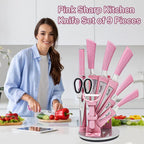 Kitchen Knife Set, 9PC Pink Wheat Straw Sharp Cooking Knife Set with Acrylic Stand, Stainless Steel Non-stick Chef with Comfortable Handle for Slicing Cutting Peeling Chopping