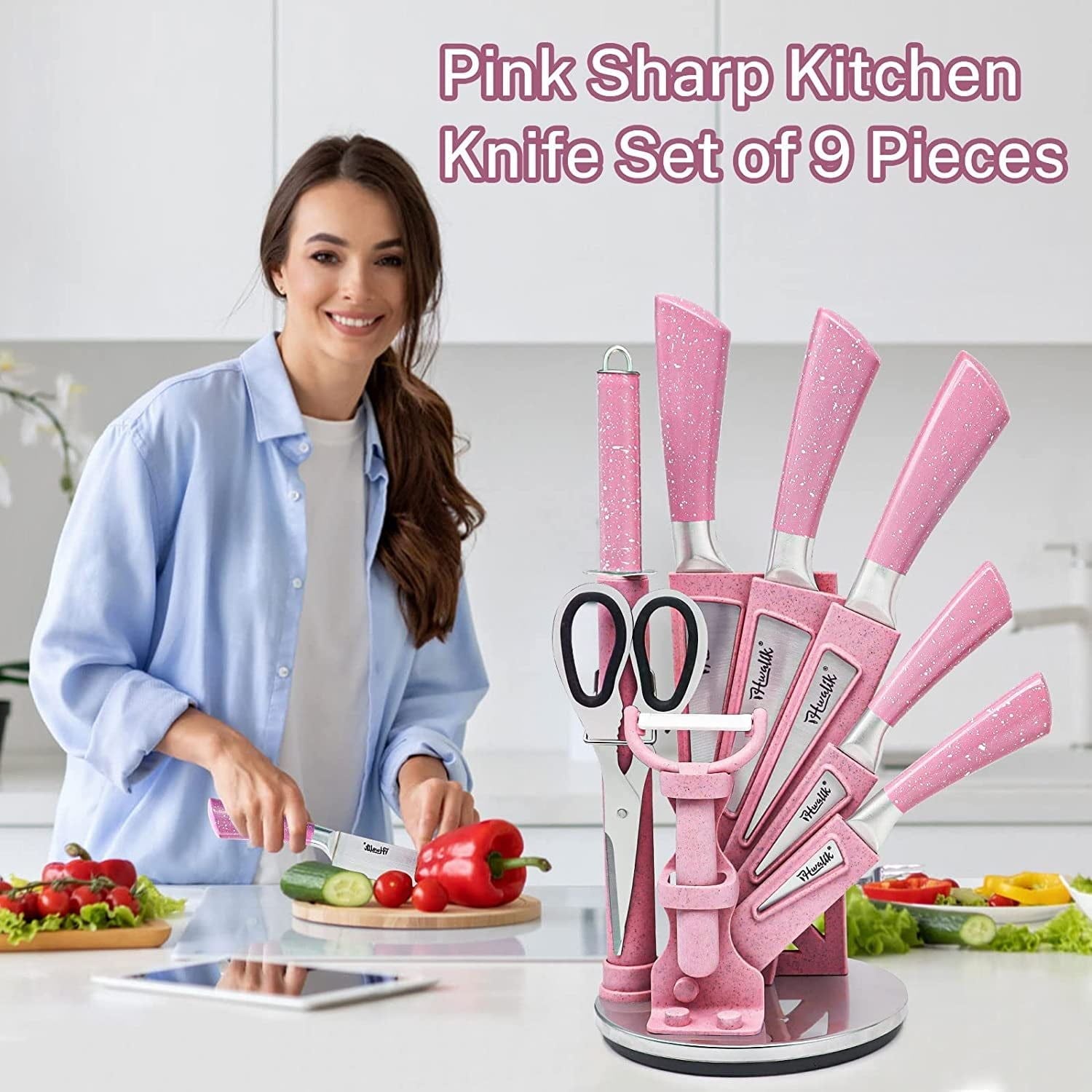 Kitchen Knife Set, 9PC Pink Wheat Straw Sharp Cooking Knife Set with Acrylic Stand, Stainless Steel Non-stick Chef with Comfortable Handle for Slicing Cutting Peeling Chopping