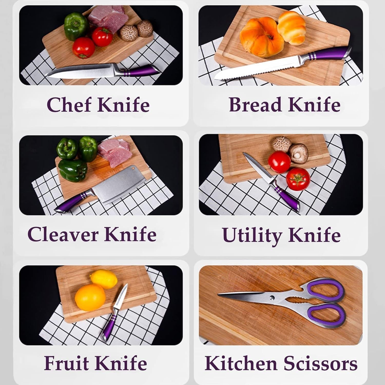 Kitchen Knife Set, 9-Pieces Purple Professional Chef Knife Set with Hollow Handle, Ultra Sharp Stainless Steel Knife Block Set with Accessories for Cutting Slicing Dicing Chopping