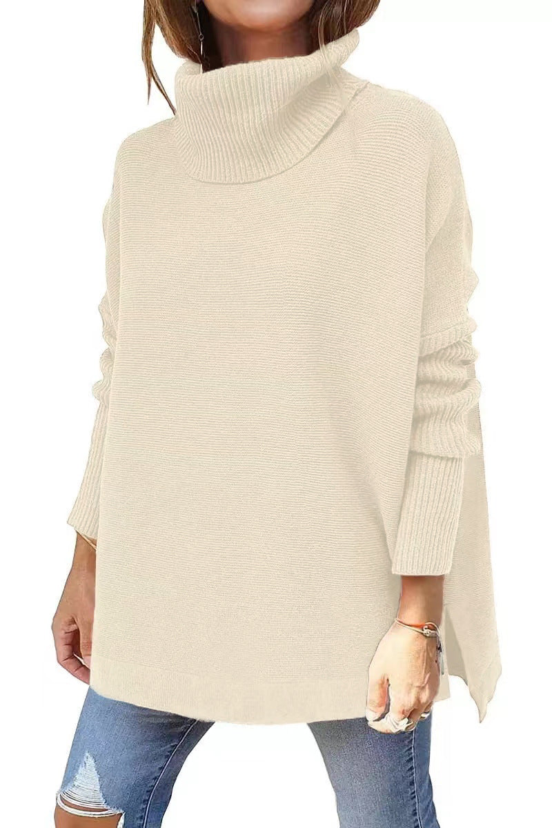 Turtleneck Sweater Mid Length Batwing Sleeve Slit Hem Tunic Pullover Sweaters Winter Tops Women Clothing Pi-Mart