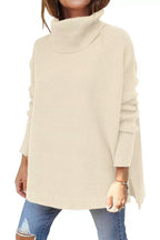 Turtleneck Sweater Mid Length Batwing Sleeve Slit Hem Tunic Pullover Sweaters Winter Tops Women Clothing Pi-Mart