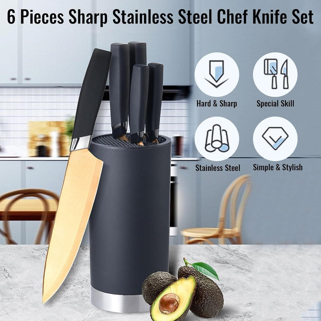 Kitchen Knife Set, 6 Pieces Sharp Stainless Steel Chef Knife Set with Cylindrical Block, Ergonomic Black Handle Knife with Gold Blades, Knife Set with Gift Box, House Warming Gift