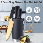 Kitchen Knife Set, 6 Pieces Sharp Stainless Steel Chef Knife Set with Cylindrical Block, Ergonomic Black Handle Knife with Gold Blades, Knife Set with Gift Box, House Warming Gift