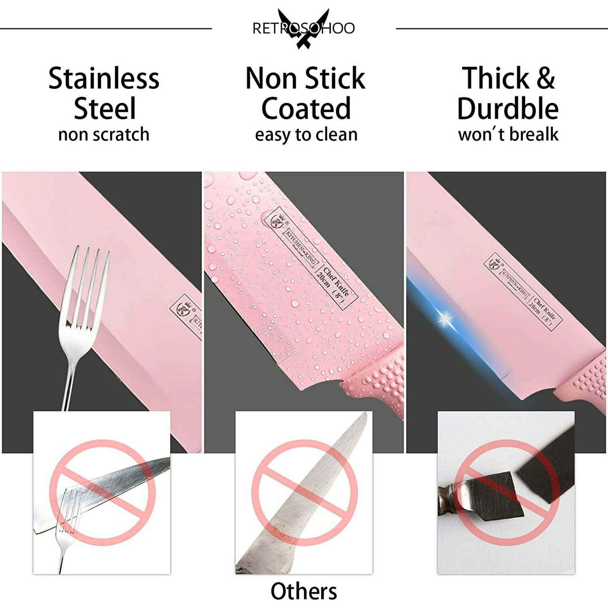 Kitchen Knife Set,Pink Flower 6PC Stainless Steel Sharp Chef Knife Set with Acrylic Stand, Cooking Non-slip Knife Set with Block, Non-stick Colorful Coating Gift for Women Girls