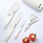 Knife Set for Kitchen, 5-Pieces White Cooking Knife Set with Storage Knife Holder, Sharp Stainless Steel Knife Block Set for Cutting Slicing Dicing Chopping