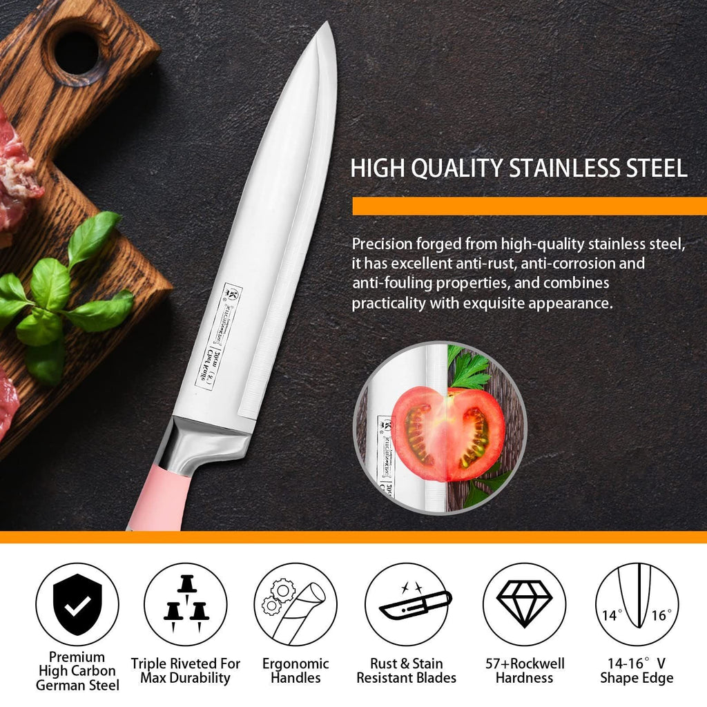 Kitchen Knife Set, 9-Pieces Pink Sharp Non-Stick Coated Chef Knives Block Set ,Stainless Steel Knife Set for Kitchen with Sharpener for Cutting Slicing Dicing Chopping EasyOptionXY LLC