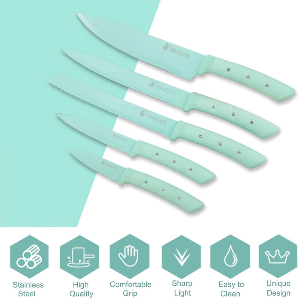 Kitchen Knife Set, 6 Pieces Green Stainless Steel Sharp Chef Knife with Acrylic Stand, Non-stick Coating Block Knife Set for Home Restaurant Apartment EasyOptionXY LLC