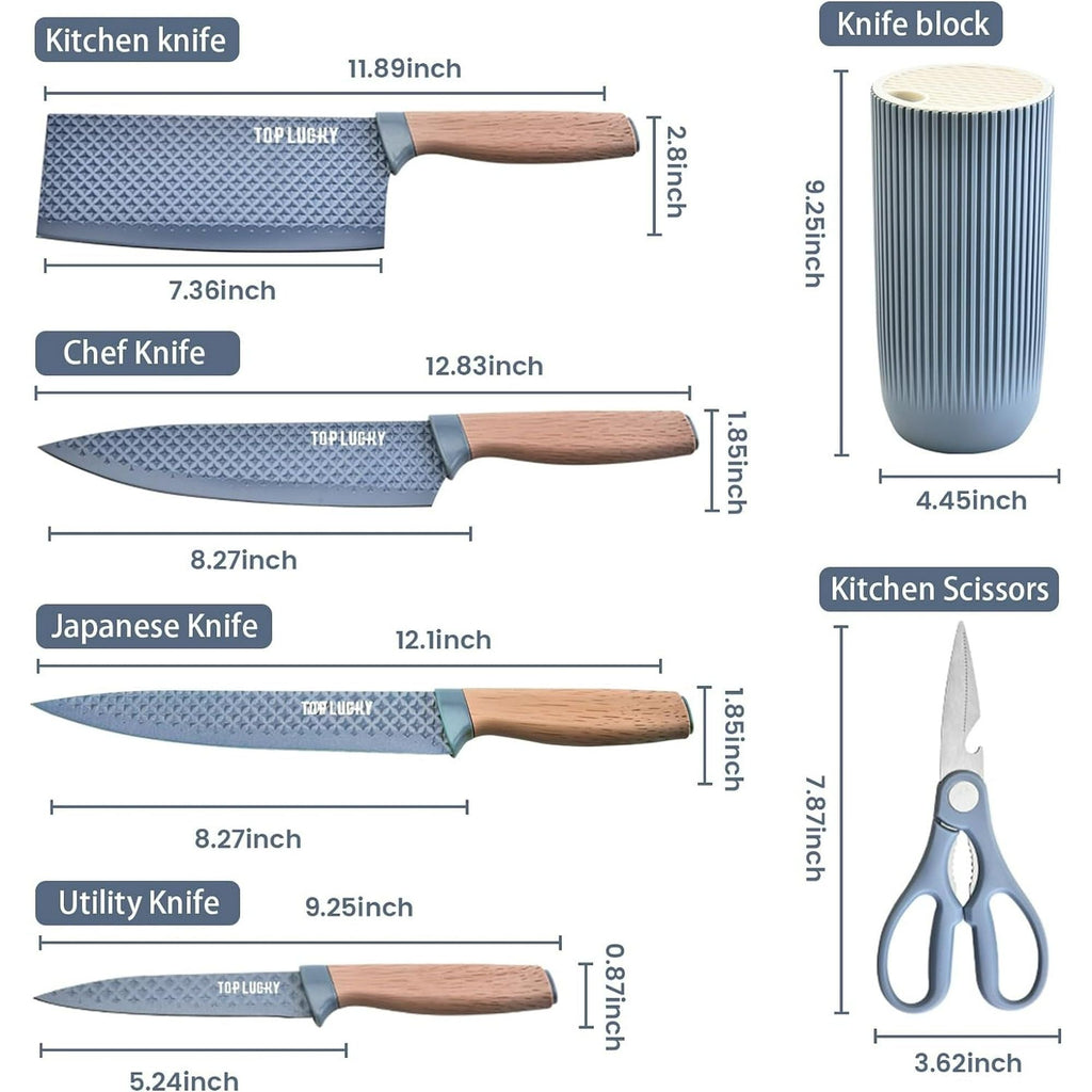 Kitchen Knife Set, 6 Pieces Blue Professional Knife Set with Universal Knife Block, Super Sharp Knife Set with Ergonomic Handle, Non-stick Stainless Steel Knife Block Set