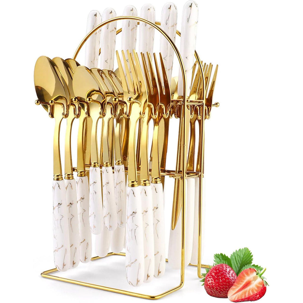 Gold Silverware Set, 24 Pieces Flatware Set with Silverware Holder, Stainless Steel Knives Forks Spoons Cutlery Set Service for 6, Kitchen Utensil Tableware Set with Pink Handle
