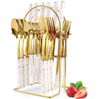 Gold Silverware Set, 24 Pieces Flatware Set with Silverware Holder, Stainless Steel Knives Forks Spoons Cutlery Set Service for 6, Kitchen Utensil Tableware Set with Pink Handle