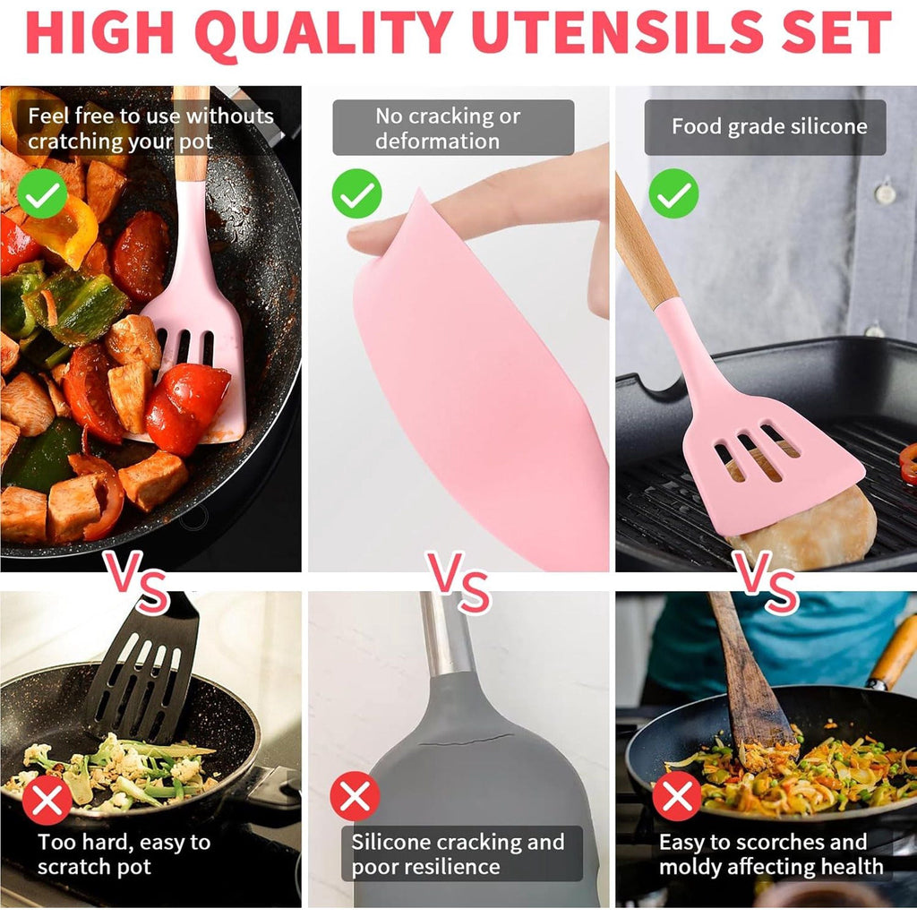 Silicone Kitchen Utensil Set, 11 Pieces Cooking Utensil with Wooden Handles, Utensil Holder for Nonstick Cookware, Spoon, Soup Ladle, Slotted Turner, Whisk, Tongs, Brush, Pasta Server