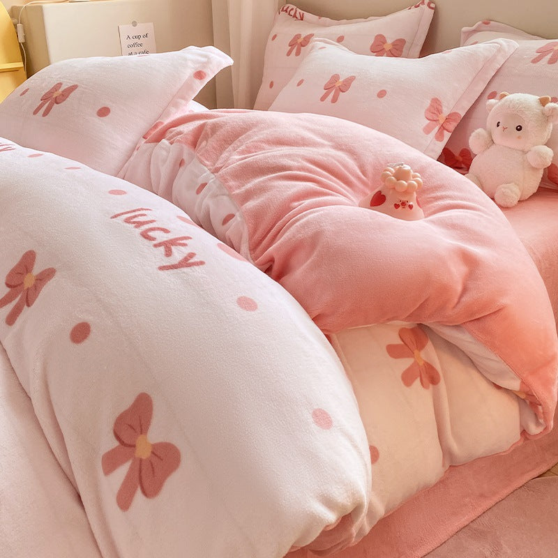 Winter Thickening Milk Fiber Bed Four-piece Coral Velvet Quilt Cover Flange Double-sided Bed Sheet Three-piece Bedding Pi-Mart